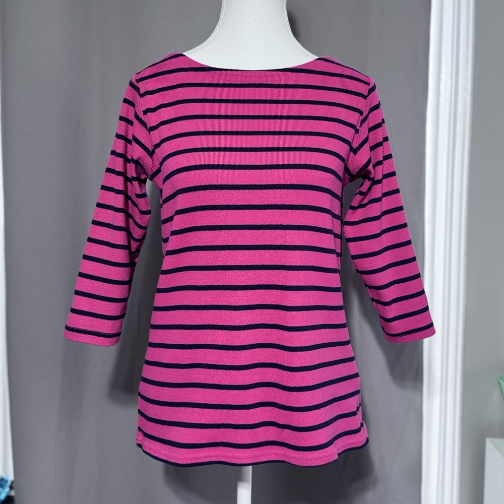 L.L. Bean Pink and Navy Striped Boatneck 3/4 Sleeve Top